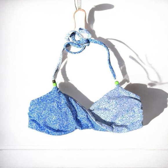 🌻Victoria's Secret Blue & White Twist Bandeau Halter Bikini Top Size XS - Picture 1 of 10